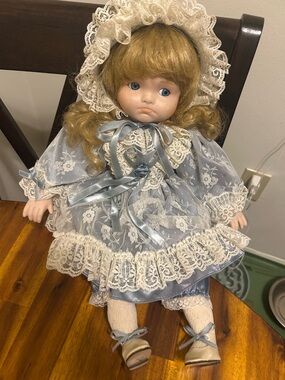 Porcelain Victorian-Style Doll in Blue Lace Dress